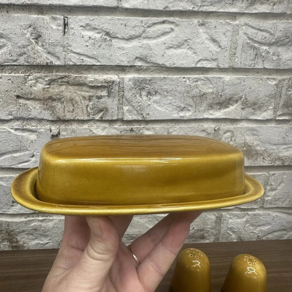 Set Vintage Ceramic Butter Dish & Salt / Pepper MCM Retro 70s Gold Brown Glazed